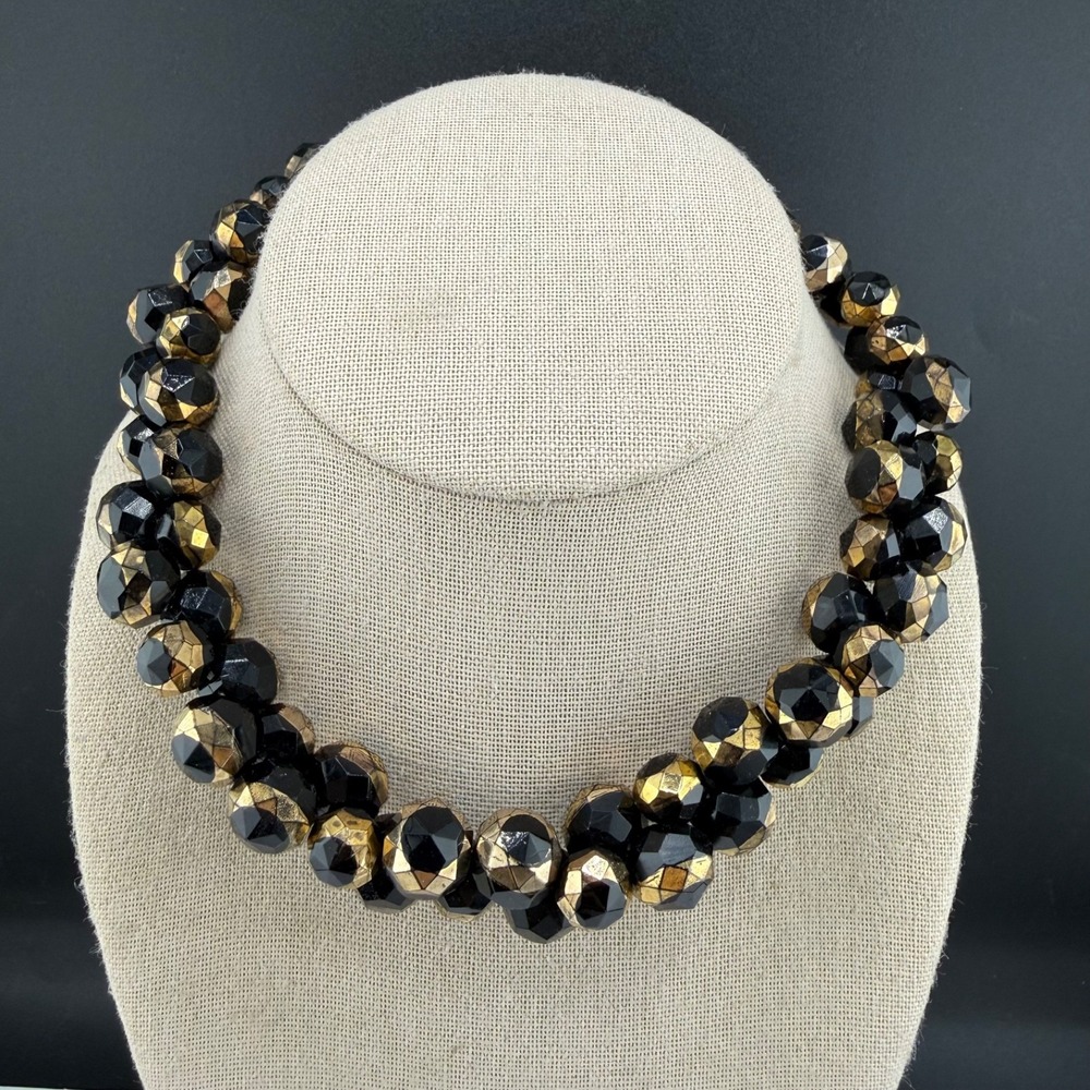 Vintage Estate Beaded Faceted Glass Necklace Black Gold Cluster 15in